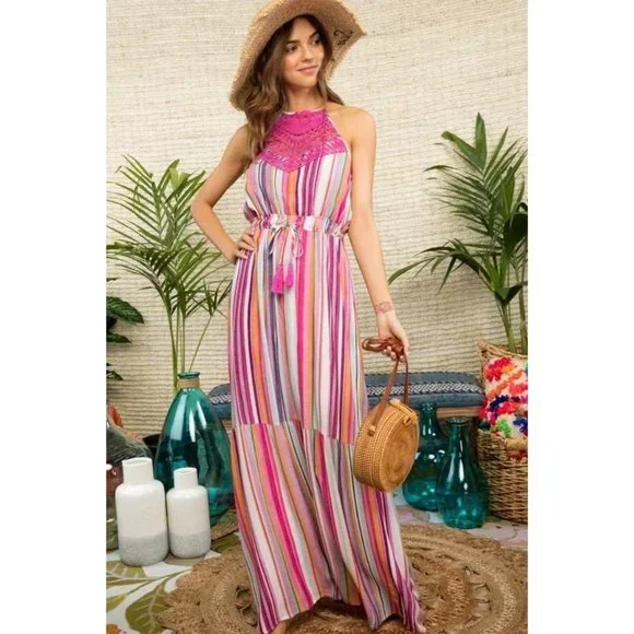Main Strip Striped Halter & Lace Maxi Dress - Picture 3 of 6